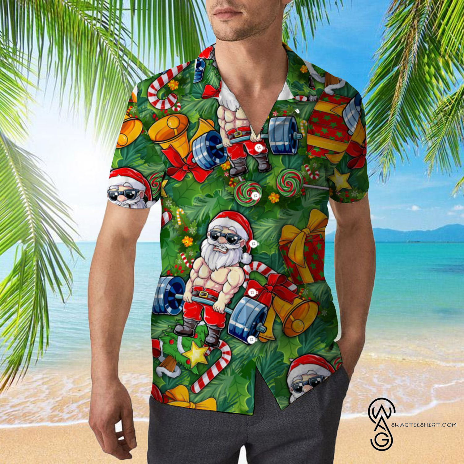 [Top Trending] Muscle Santa Lifting Weight Christmas Pattern Hawaiian Aloha Shirt